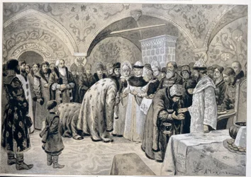 La recepción de la zarina después de los maitines de Pascua. Obra de Alexander Andreyevich Chikin (1865-1924), litografía. Arte ruso