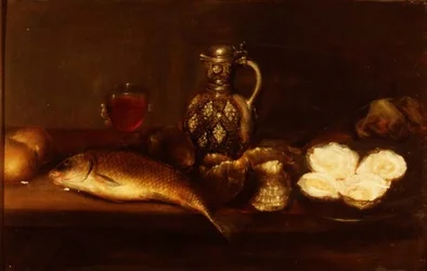 Naturaleza muerta de desayuno con una jarra de gres, pescado y ostras