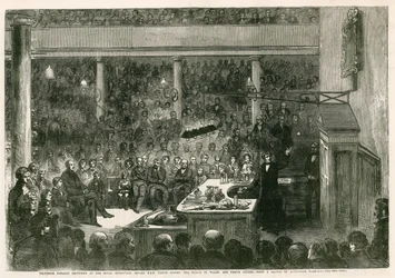 El profesor Faraday dando una conferencia en la Royal Institution ante SAR el Príncipe Alberto, el Príncipe de Gales y el Príncipe Alfredo