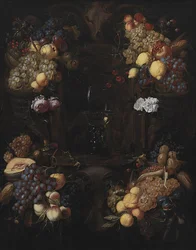 Cartucho con guirnaldas de frutas y una copa de vino
