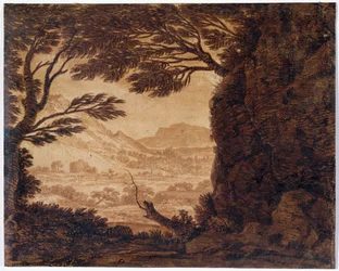 Paisaje clásico, mediados del siglo XVIII (sepia sobre papel)