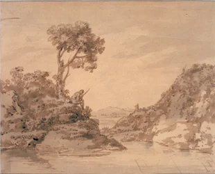 Paisaje con figura en la orilla de un estanque (Acuarela, sepia y aguada)