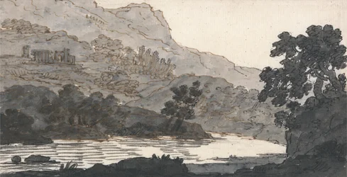 Río y montaña, con ruinas