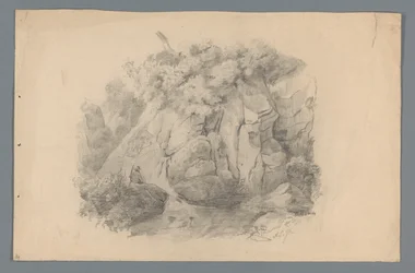 Paisaje con un hombre sentado junto a una cascada