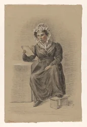 Mujer sentada con el pie sobre un taburete, leyendo una carta