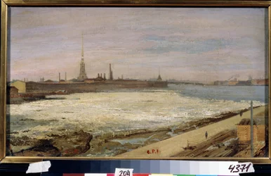 Deriva de hielo en el río Neva en San Petersburgo (Ice Drifting in St Petersburg). Al fondo, la catedral de San Pedro y San Pablo y la fortaleza. Pintura de Alexander Dmitrievich Litovchenko (Litovchenko) (1835-1890), óleo sobre lienzo
