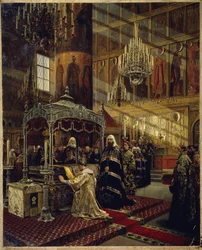 El zar de Rusia Alexis I Mikhailovich, conocido como el zar muy pacífico (1629-1676) y el patriarca Nicon (1605-1681) sobre el ataúd de Felipe I el metropolitano de Moscú (Zar Alexei I Michailovich y patriarca Nikon en el ataúd de Felipe I , Metropolitano