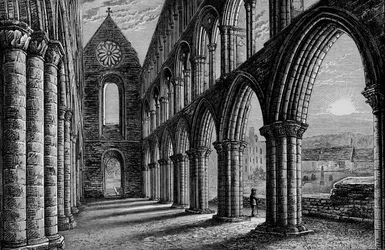 Nave mirando al oeste, Abadía de Jedburgh, c1880