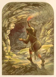 Robinson Crusoe asustado por una cabra en una cueva