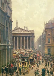 La hora punta en la Bolsa Real desde Queen Victoria Street, 1904