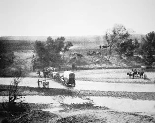 Carreta cubierta cruzando el arroyo Tecolate, Nuevo México