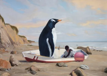 Escena de playa con pingüinos gigantes