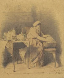 Mujer sentada, lavando los platos