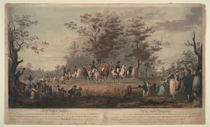 Príncipe Regente, Guillermo III de Prusia, Alejandro I, General Blücher y Hetman Platov revisan tropas