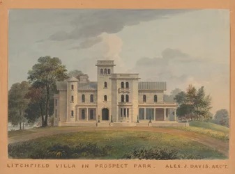 Grace Hill para Edwin C. Litchfield, Brooklyn, Nueva York elevación frontal, 1854