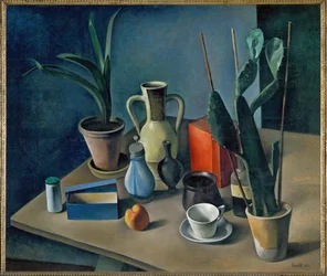 Grosses Stilleben mit Kruegen und roter Teedose, Bodegón con jarras y tetera roja (pintura sobre lienzo)