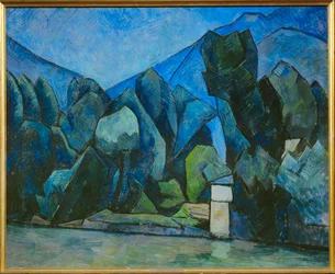 Paisaje con río (pintura sobre lienzo)