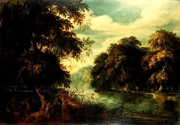 Paisaje forestal con cazadores de aves junto a un río