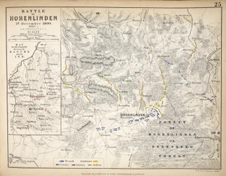 Mapa de la batalla de Hohenlinden, publicado por William Blackwood and Sons, Edimburgo y Londres, 1848 (grabado coloreado a mano)