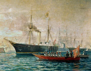 Llegada del emperador Francisco José I a bordo de su HMS Greif a Port Said, con motivo de la apertura del Canal de Suez ... (pintura sobre lienzo)