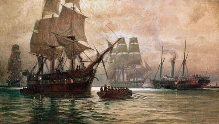 Barcos austriacos durante el bloqueo de Venecia ... (pintura sobre lienzo)