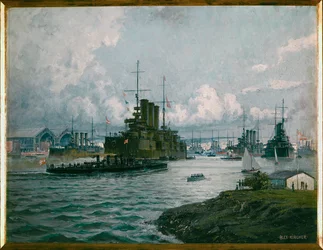 El puerto naval austriaco de Pola ... (pintura sobre lienzo)