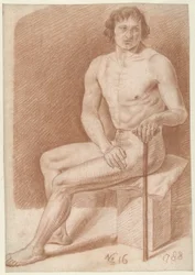 Hombre desnudo sentado, sosteniendo un bastón
