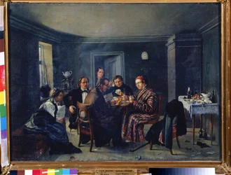 Jugadores de cartas. Pintura de Alexander Matveyevich Dorogov (1819-1850). Óleo sobre lienzo, 49 x 66,5 cm, ca. 1840, arte ruso. Museo Estatal de Rusia, San Petersburgo.