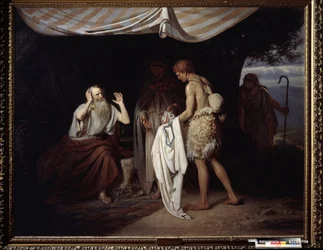 La túnica ensangrentada de José llevada a Jacob. Después de haber vendido a su hermano José como esclavo en Egipto, celosos de la preferencia de su padre por José, los hermanos presentan su túnica a Jacob, para