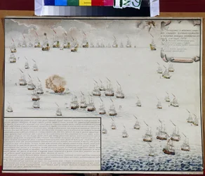 La batalla naval de Tendra en el mar Negro los días 8 y 9 de septiembre de 1790. Episodio de la guerra ruso-turca (1787-1792). Obra de Alexander Nikolaevich Depaldo (1876-1939), acuarela sobre papel. Arte ruso