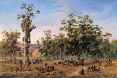Un campamento aborigen, cerca de las colinas de Adelaide