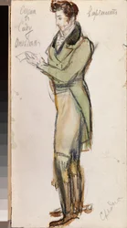 Diseño de vestuario para la ópera Eugene Onegin de P. Tchaikovsky (1840-1893) - Obra de Alexander Valentinovich Sredin (Sredin) (1872-1934), lápiz y acuarela sobre