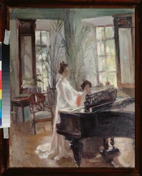 En una sala de recepción - Dos mujeres haciendo música, cantando y tocando el piano - Obra de Alexander Valentinovich Sredin (Sredine) (1872-1934), óleo sobre cartón - Arte ruso de finales del siglo XIX-principios del XX, modernismo - Regional Ar