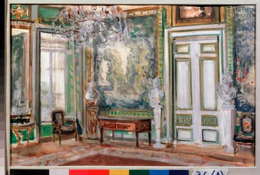 Le hall des tapisseries du palais Kouskovo du comte Cheremetiev (ou Sheremetyev ou Sheremetev ou Cheremetieff) (La sala de tapices del palacio Kuskovo del conde Sheremetyev) - Obra de Alexander Valentinovich Sredin (Sredine) (1872-1934), gouache sobre pape