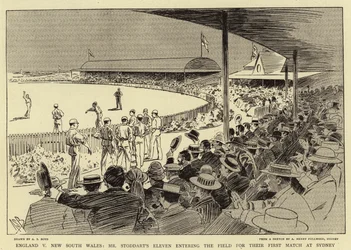 Inglaterra contra Nueva Gales del Sur; el equipo del Sr. Stoddart entrando al campo para su primer partido en Sídney