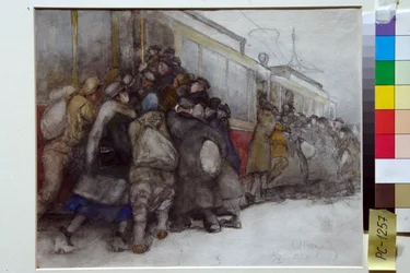 Des gens essayent de monter dans un tramway deja plein - Oeuvre de Alexander Ivanovich Vakhrameyev (1874-1926)