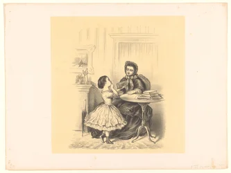 Interior con una niña entregando un libro a su madre