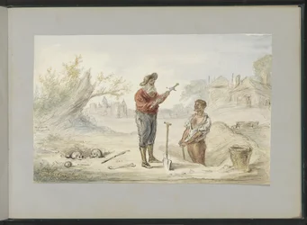 Hombre desenterrando una espada en un antiguo campo de batalla