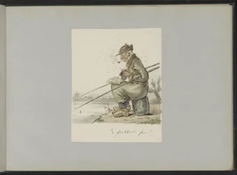 Hombre pescando, tejiendo, fumando y leyendo en un paseo marítimo