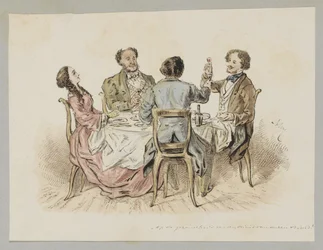 Cuatro figuras haciendo un brindis en una mesa