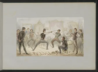 Pelea de espadas entre dos hombres