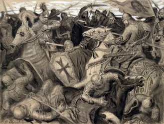 "Alexander Nevsky" Escena de batalla en la época de Alexander Nevsky (1220-1263), duque de Nóvgorod - Pastel de Alexander Viktorovich Moravov (1878-1951) Dim 33x43,5 cm Colección particular