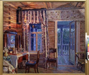 Interior con lámpara de iconos. Pintura de Alexander Viktorovich Moravov (Alexander Victor) (1878-1951), óleo sobre lienzo