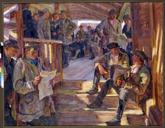 Escena en un puesto de reclutamiento del ejército ruso donde los hombres hablan, leen y tocan el acordeón. Pintura de Alexander Viktorovich Moravov (Alexander Victor) (1878-1951)