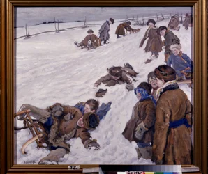 Deportes de invierno. Escena de trineo, en un campo nevado, los niños abrigados se divierten y ríen a carcajadas. Pintura de Alexander Viktorovich (Alexander Victor) Moravov (1878-1951), óleo sobre lienzo