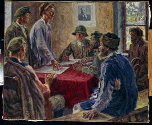 Una sesión del Comité de Campesinos Pobres en 1918. Pintura de Alexander Viktorovich Moravov (Alexander Victor) (1878-1951), óleo sobre lienzo