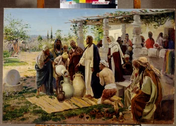 El milagro de la transformación del agua en vino en Caná (Israel). (Jesús ordena a los criados que llenen tinajas con agua del pozo y hace un primer milagro en las bodas donde faltaba el vino). Pintura de Vladimir Yegorovich Makovsky (Makovsky, Makov