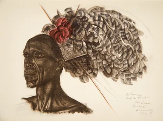 Aboura, jefe Ababoua (Bambili), de Dibujos y Pinturas de África, ejecutados durante la expedición Citroën Centro África, segunda misión Haardt Audouin-Dubreuil, pub. París, 1927