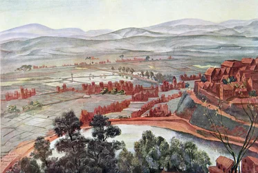 Tananarive, vista del Palacio de la Reina, de Dibujos y Pinturas de África, ejecutados durante la expedición Citroën Centro África, segunda misión Haardt Audouin-Dubreuil, pub. París, 1927