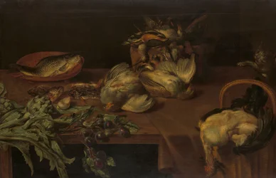 Bodegón con pescado, langosta y ostras